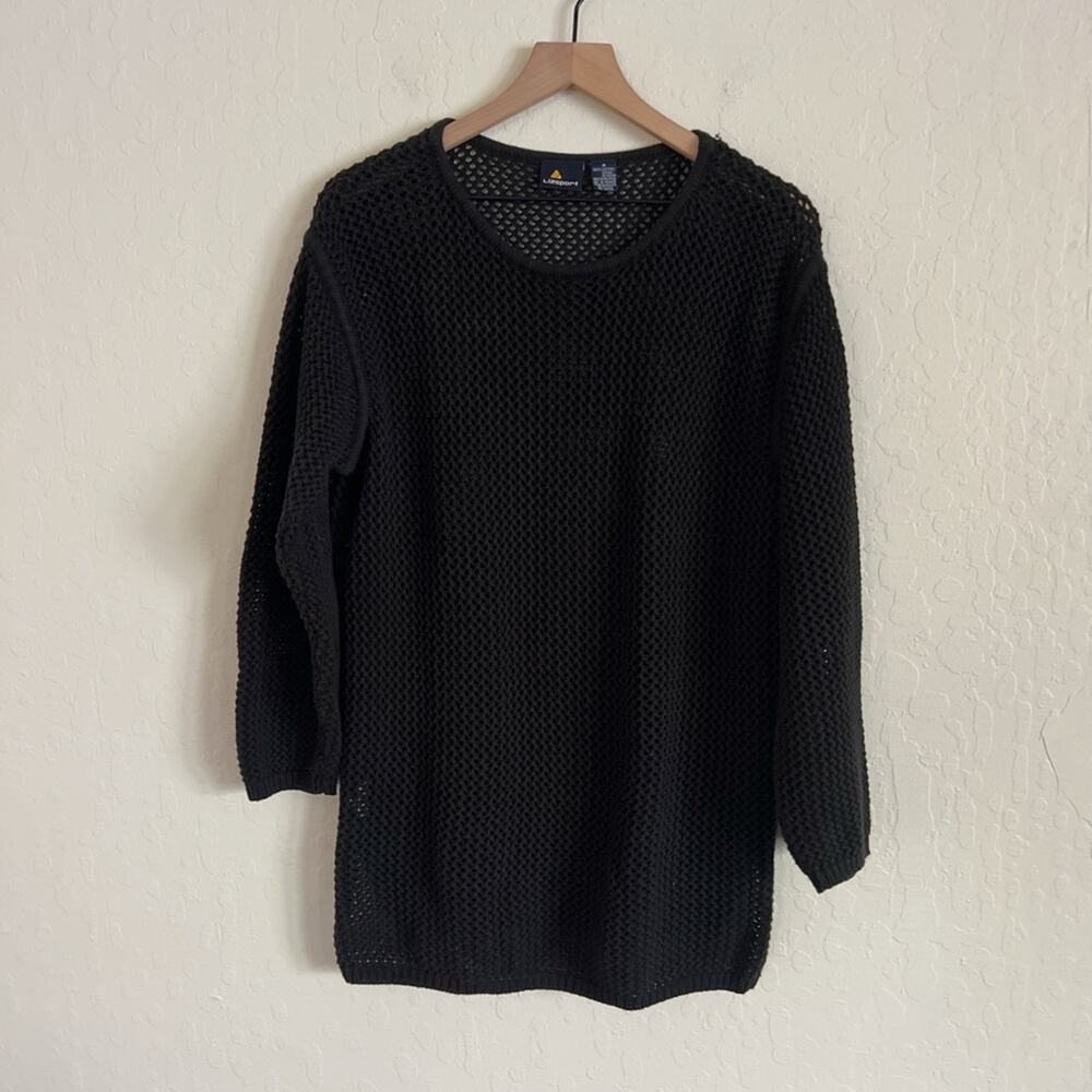 Vintage Liz Sport 100% Cotton Open Knit Long Sleeve Crewneck Tunic Sweater Black